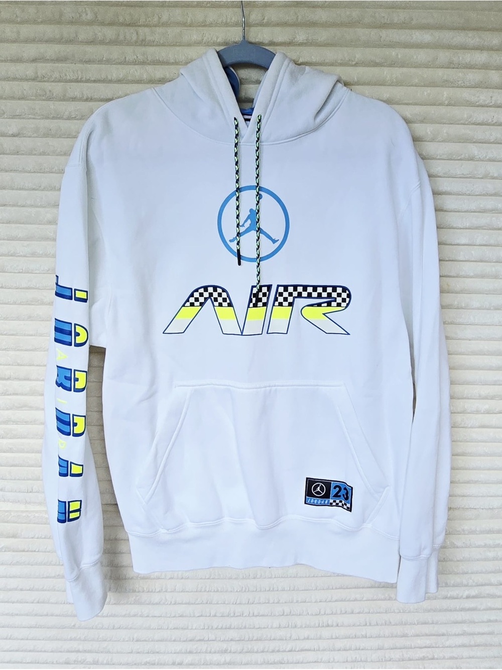 Jordan White Hoodie with Blue and Yellow AIR Graphic